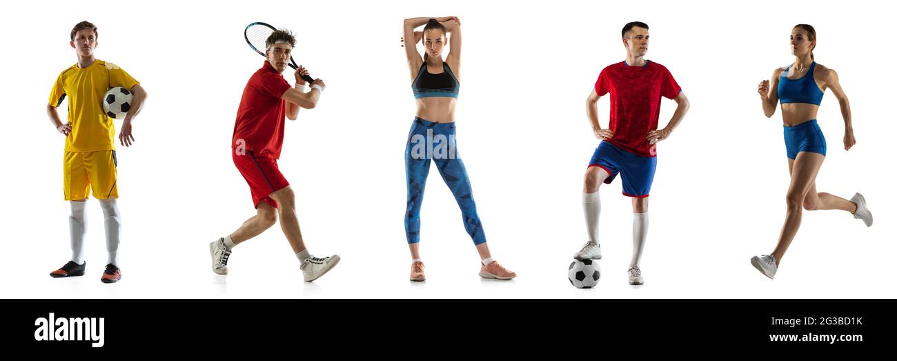 Multi sport collage calcio tennis calcio e corridori sportivi isolati su sfondo bianco. Volantino Foto Stock