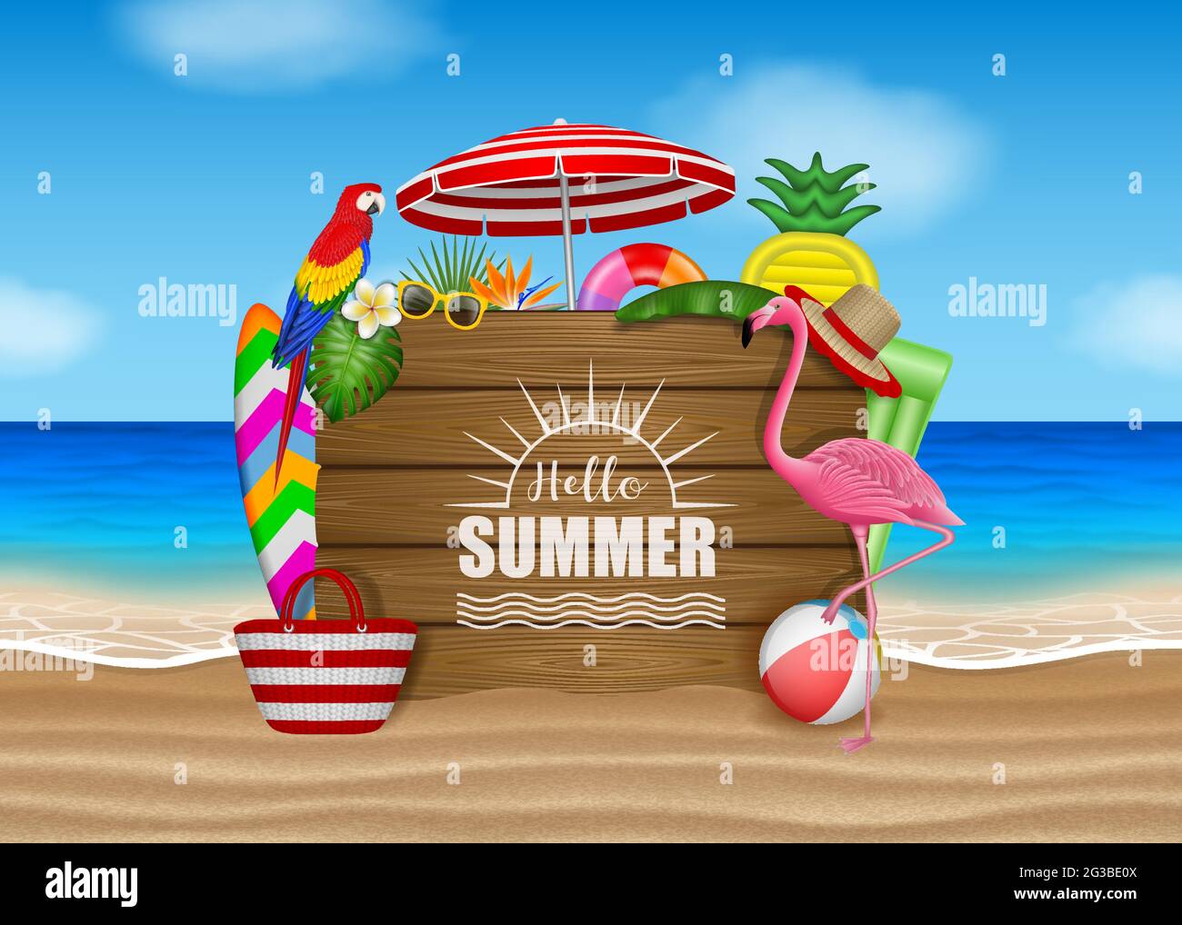 Ciao estate poster con elementi spiaggia, fiori tropicali, foglie, uccelli e legno di scacchiera sul paesaggio spiaggia Illustrazione Vettoriale