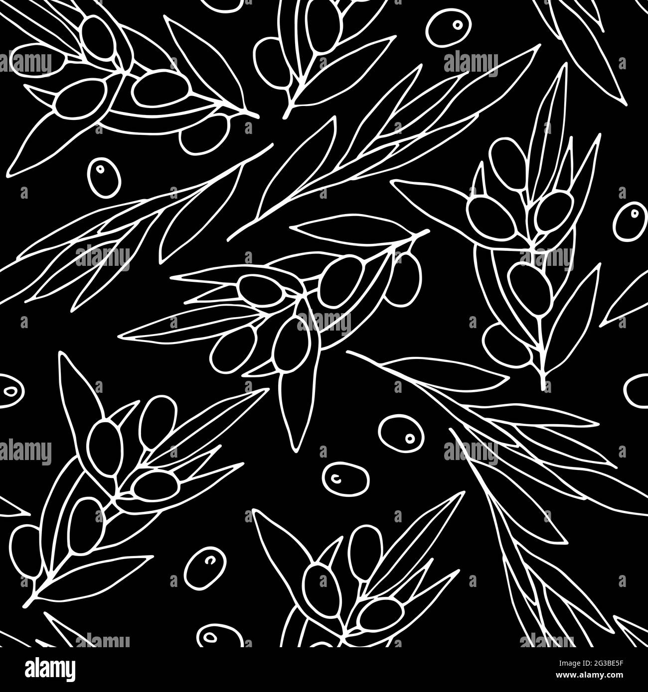 Lives di Chalk Board con schema senza giunture. Profilo bianco rami di oliva isolati su sfondo nero. Casualmente arrangiato Berries e foglie d'oliva. nat vettore Illustrazione Vettoriale