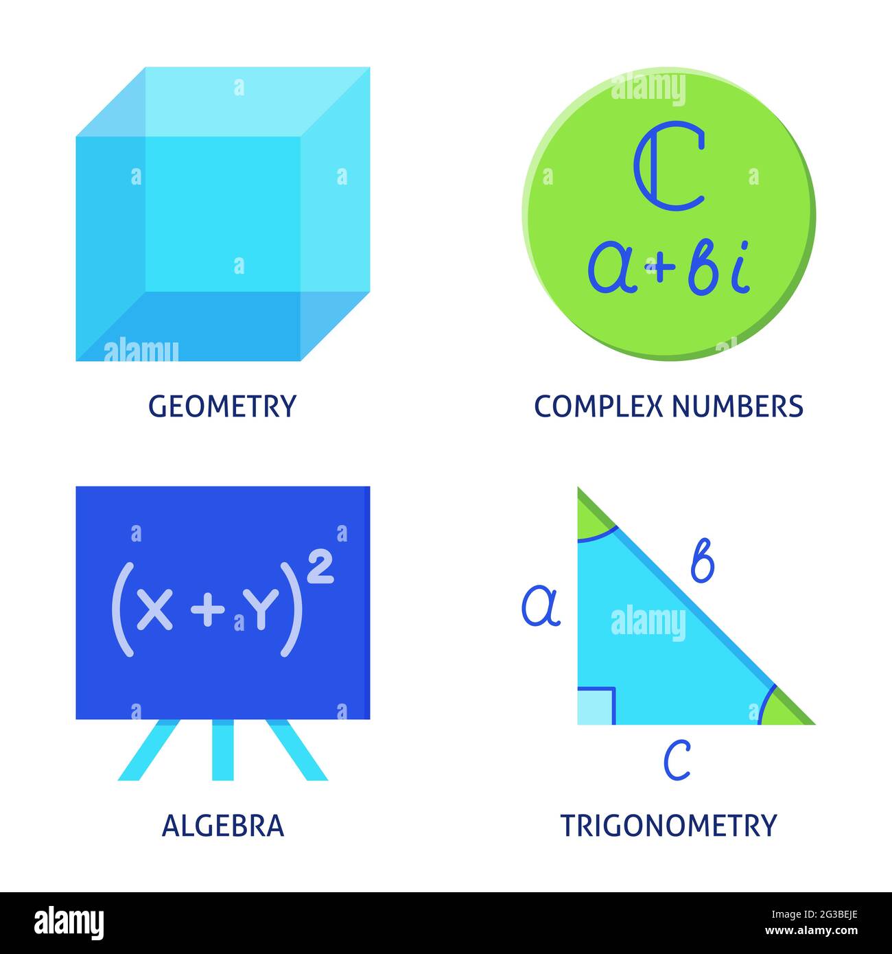 Icone matematiche impostate in stile piatto. Espressioni di algebra, geometria, trigonometria, numeri complessi. Illustrazione vettoriale. Illustrazione Vettoriale