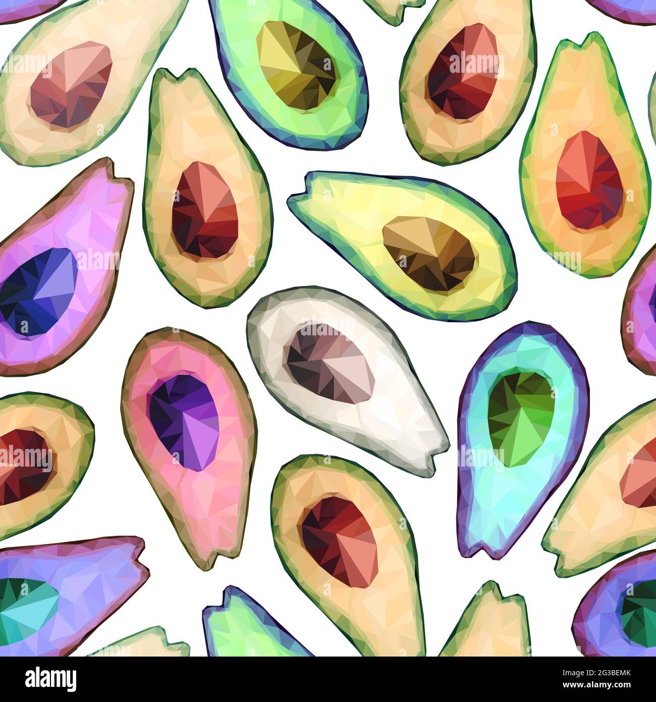 Struttura a basso contenuto di poliavocado senza cuciture. Vettore segno di avocado poligonale su sfondo bianco. Colore frutta sana, nutrizione adeguata, spuntini, verdure, mangiare. Illustrazione Vettoriale