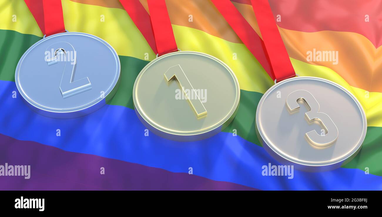 Medaglie sulla bandiera LGBT. Primo, secondo, terzo posto nel concetto di evento di giochi sportivi arcobaleno. Diritti umani e tolleranza. illustrazione 3d Foto Stock