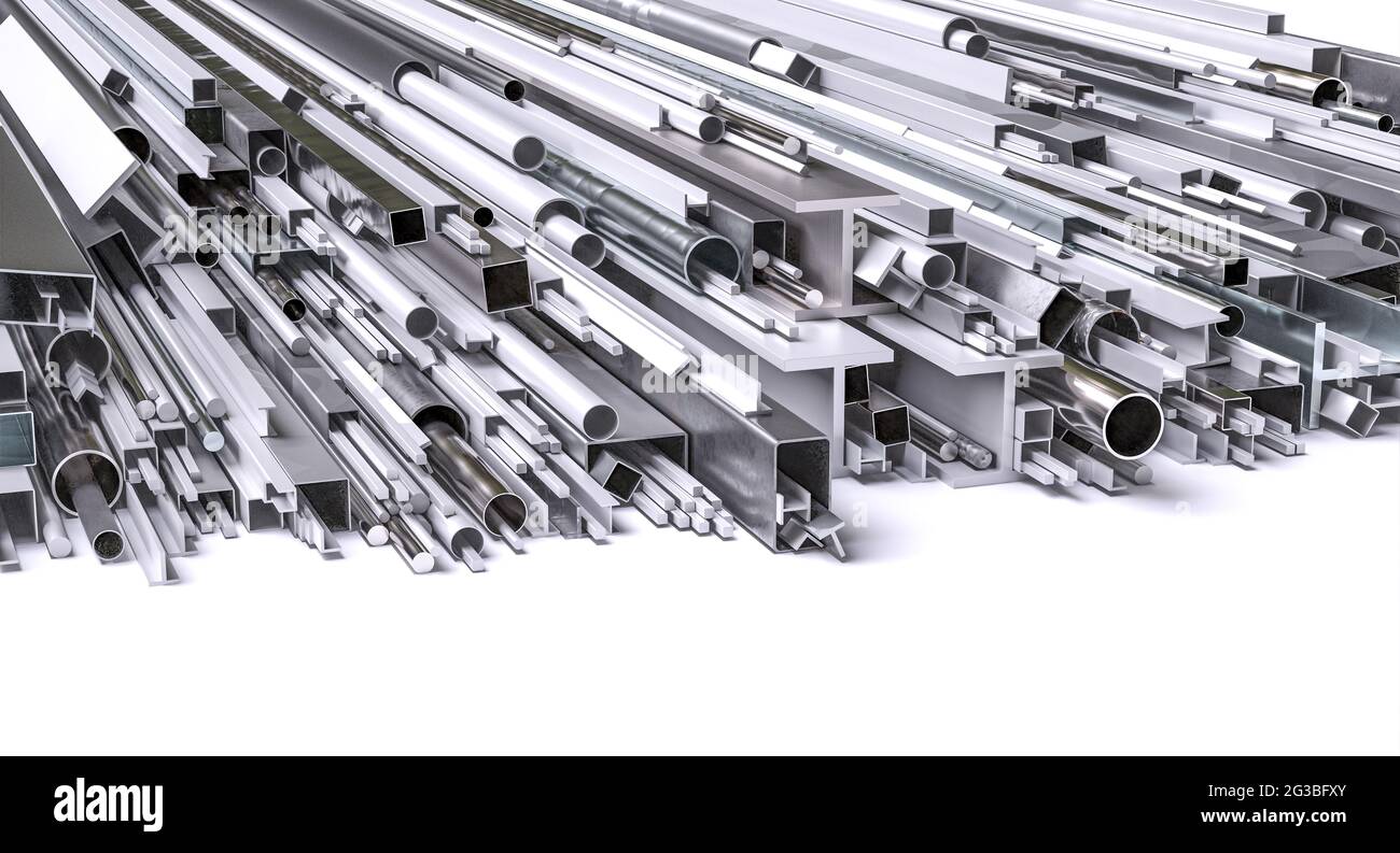 profili metallici di forme e dimensioni diverse. sfondo bianco 3d. rendering Foto Stock