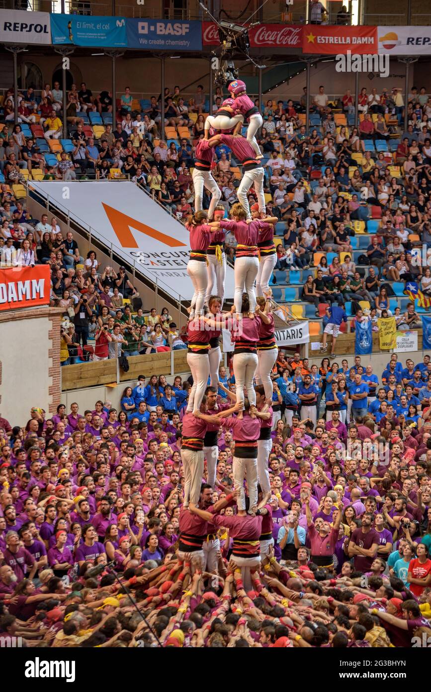 Concorso Castells (torri umane) a Tarragona nel 2018 (Catalogna, Spagna) ESP: Concurso de Castells de Tarragona 2018 (Cataluña, España) Foto Stock