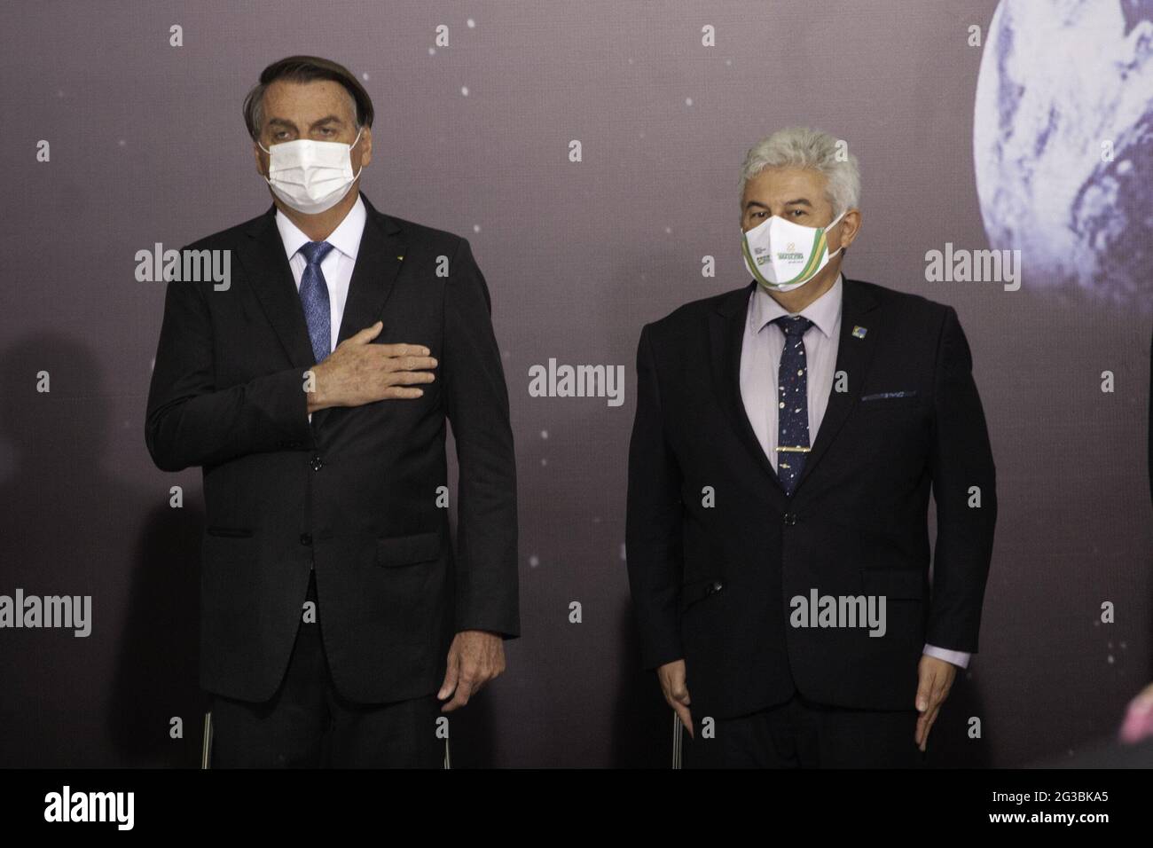 15 giugno 2021, Brasilia, Distrito Federal, Brasil: (INT) LUNAR NASA ARTEMIS Programme Firing Agreement Ceremony . 15 giugno 2021, Brasilia, Distretto Federale, Brasile: Il Ministero della Scienza, della tecnologia e delle innovazioni (MCTI) tiene una cerimonia per firmare l’accordo Ã¢â‚¬Å NASA Artemis Lunar ProgramÃ¢â‚¬Â nella Sala Noble del Palazzo Planalto. Alla cerimonia partecipano il presidente della Repubblica, Jair Bolsonaro, il Ministro dell'MCTI, l'astronauta Marcos Pontes, il Ministro degli Affari Esteri, Carlos Alberto Franca e l'ambasciatore degli Stati Uniti in Brasile, Todd Chapman. (Immagine di credito Foto Stock