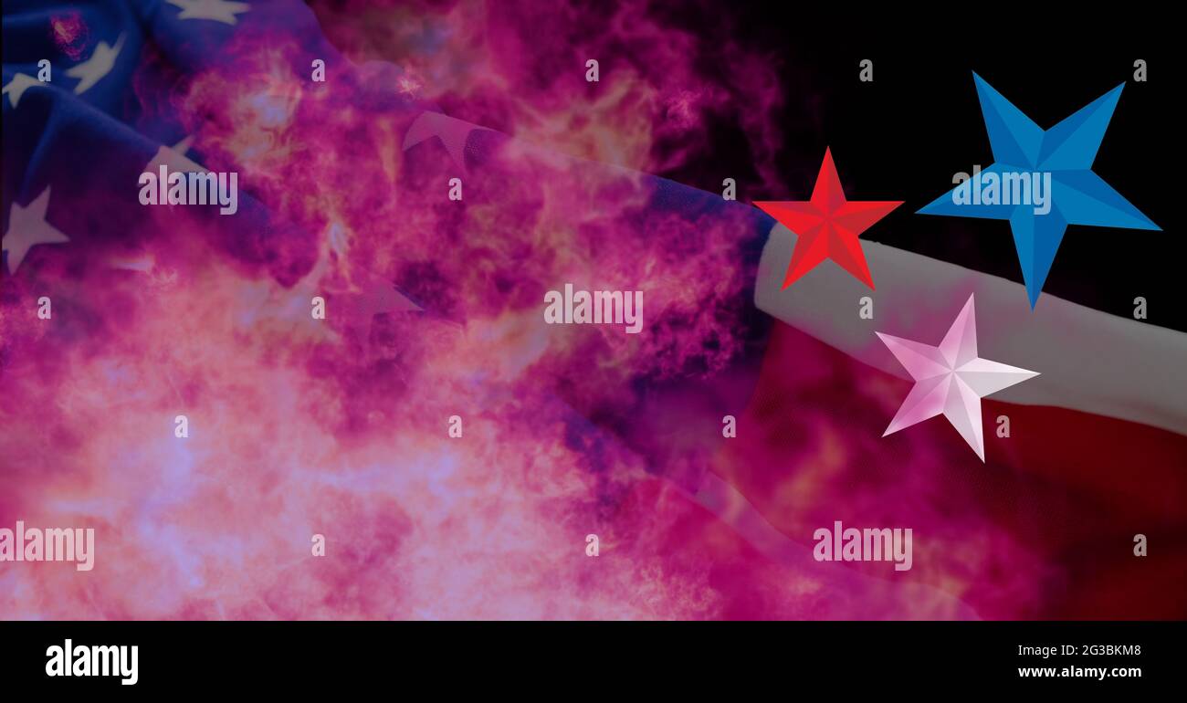 Composizione di stelle rosse, bianche e blu su fiamme su sfondo scuro Foto Stock
