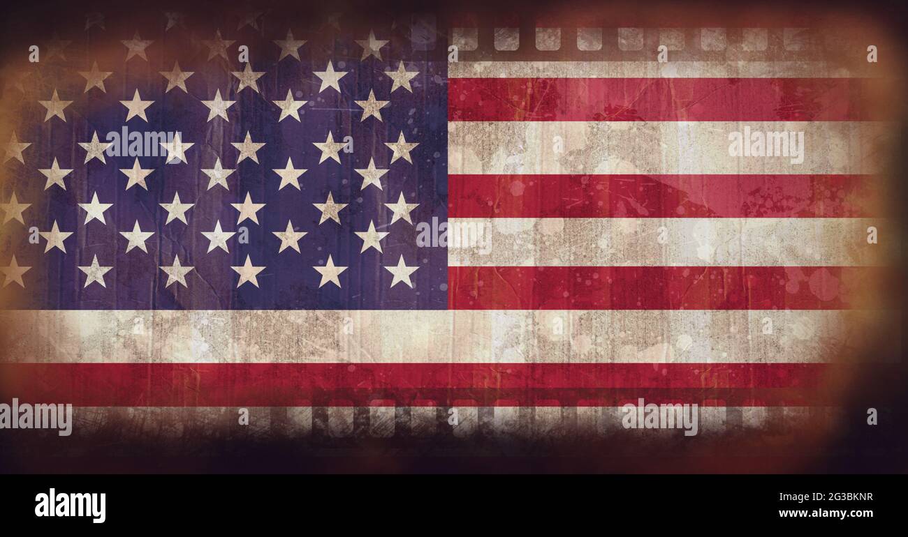 Composizione di stelle e strisce americane su film vintage in difficoltà con pignoni Foto Stock