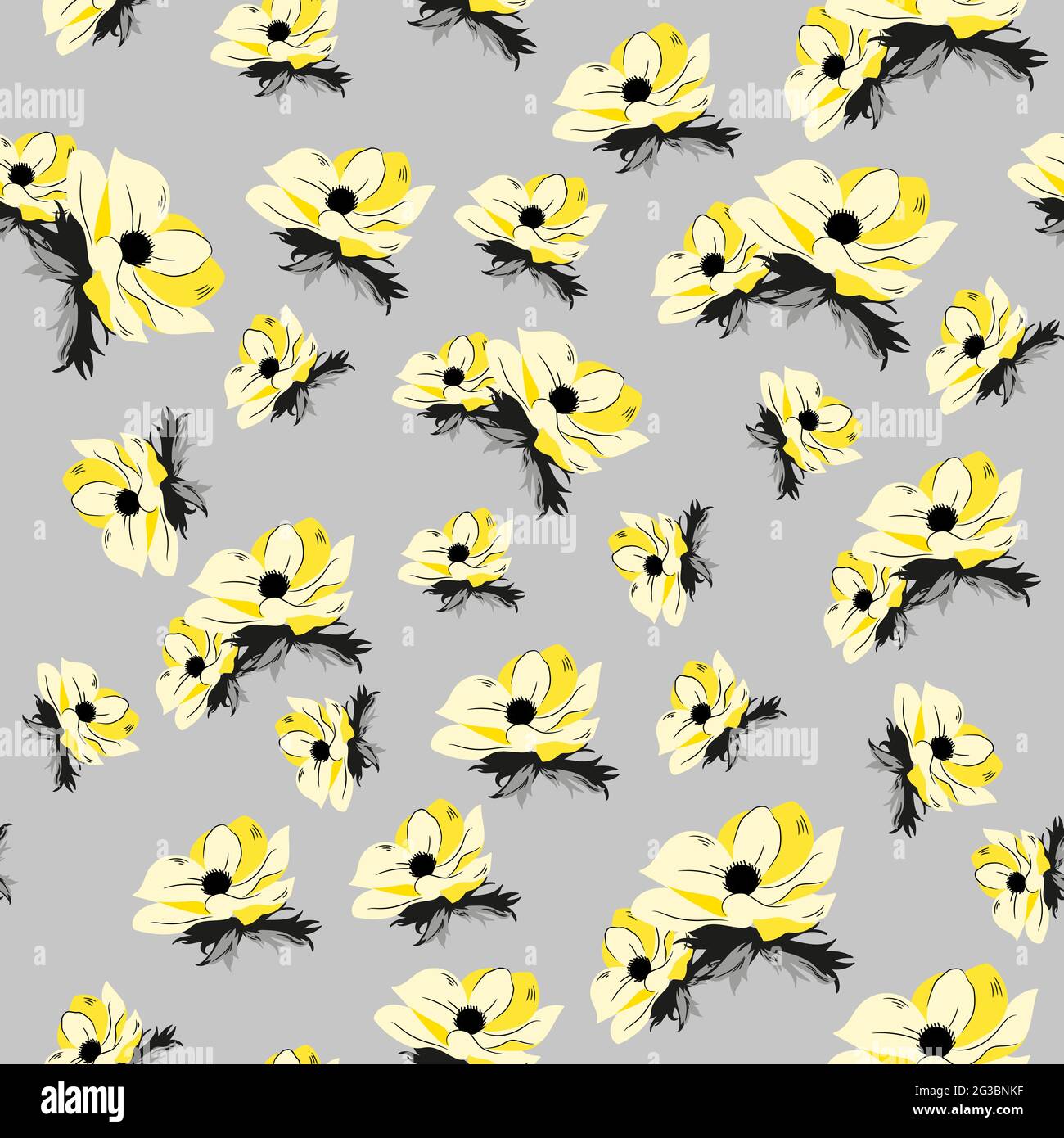 Elegante motivo senza cuciture con fiori gialli e foglie grigie su sfondo bianco. Modello vettoriale con piccoli fiori in pantone 2021 colori. Templat Illustrazione Vettoriale