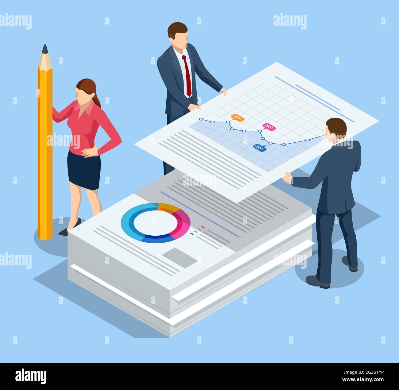 Pila isometrica di documenti. Concetto di burocrazia. Analisi dei dati, Statistiche aziendali, Gestione, Consulenza, Marketing. Illustrazione Vettoriale