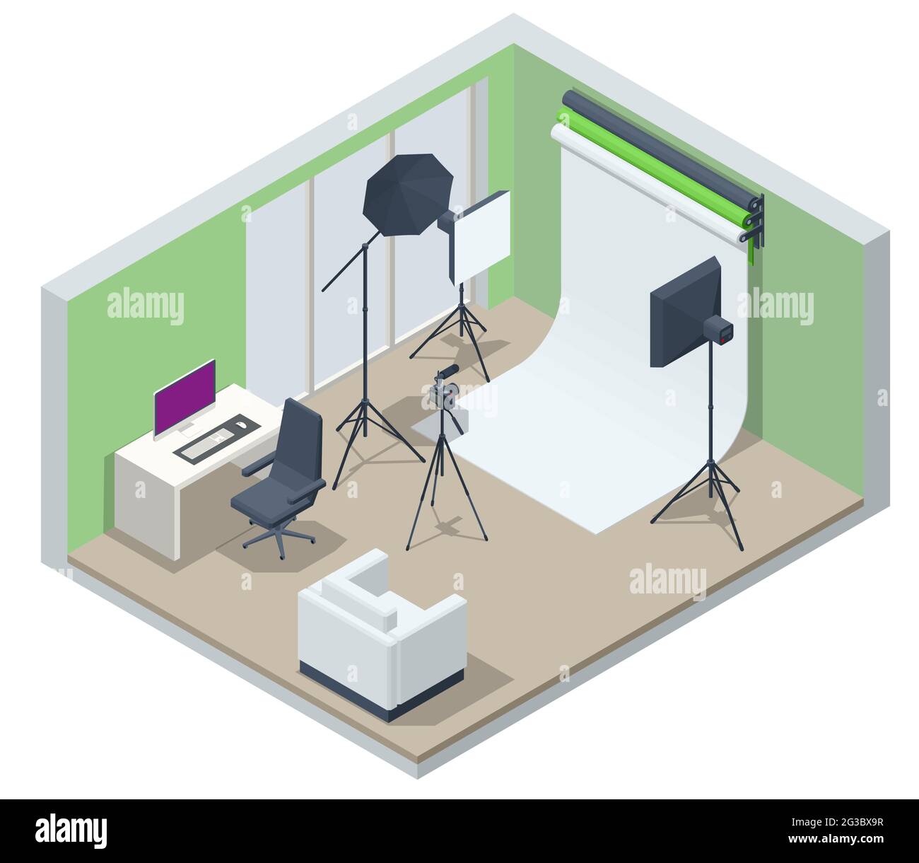 Video isometrico Blogger registrazione video con fotocamera. Apparecchiature per la realizzazione di video per blog, vlog review o streaming online. Anello luminoso della lampada da studio Illustrazione Vettoriale