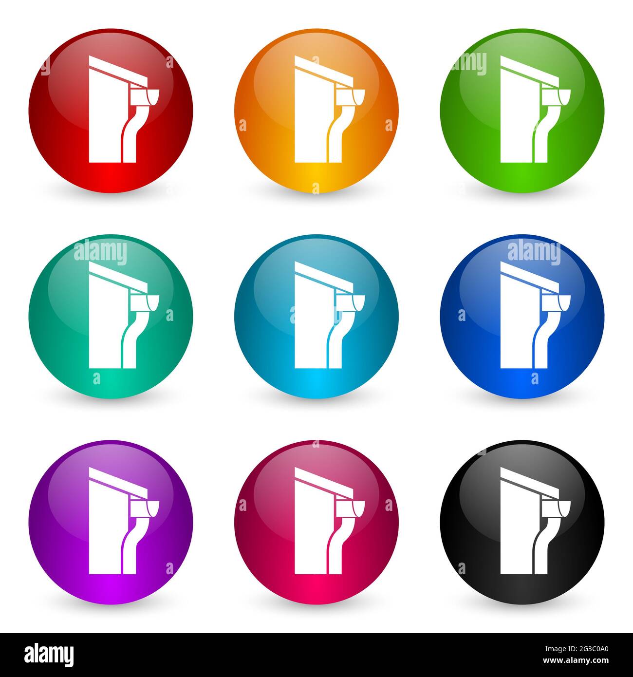 Casa con set di icone di grondaia, colorati pulsanti a sfera di rendering 3d lucido in 9 opzioni di colore Foto Stock