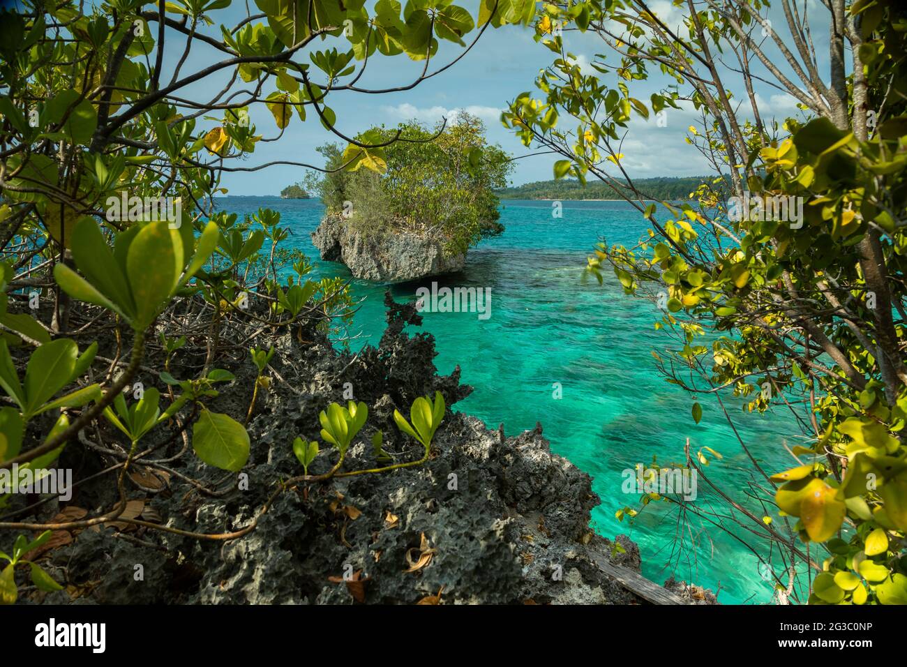 Fotografia del mare naturale delle acque turchesi che circondano le isole Togie nel Golfo dei Tomini, Sulawesi, Indonesia Foto Stock