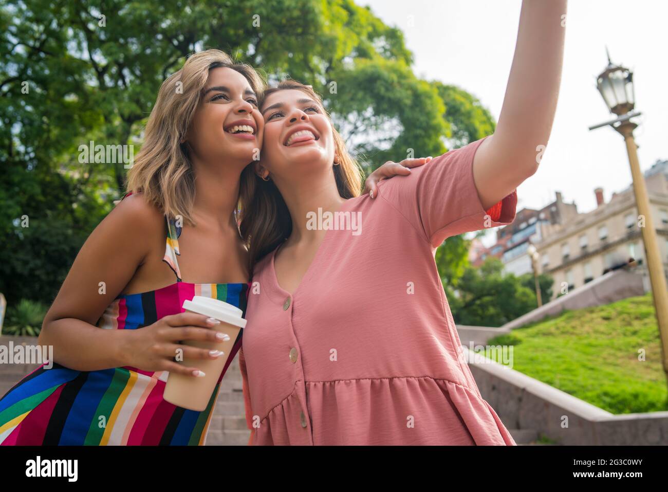 Due amici che prendono un selfie all'aperto. Foto Stock