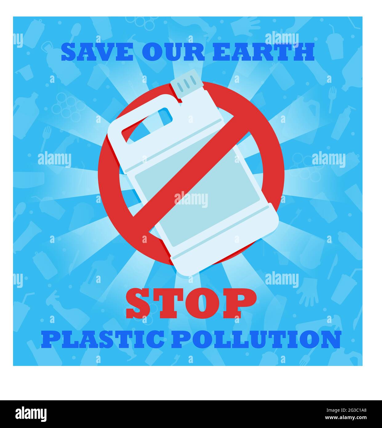 Arrestare l'inquinamento della plastica. Salva la nostra Terra. Un banner con un cartello rosso di divieto attraversa la bottiglia di plastica. Poster ambientale. Dire no alla plastica. Illustrazione Vettoriale
