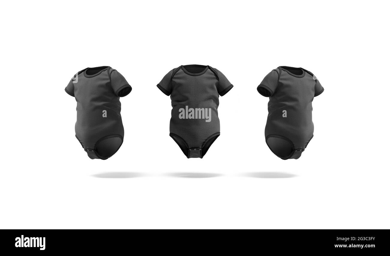 Mockup di bodysuit nero a mezza manica per bambini, vista frontale laterale Foto Stock