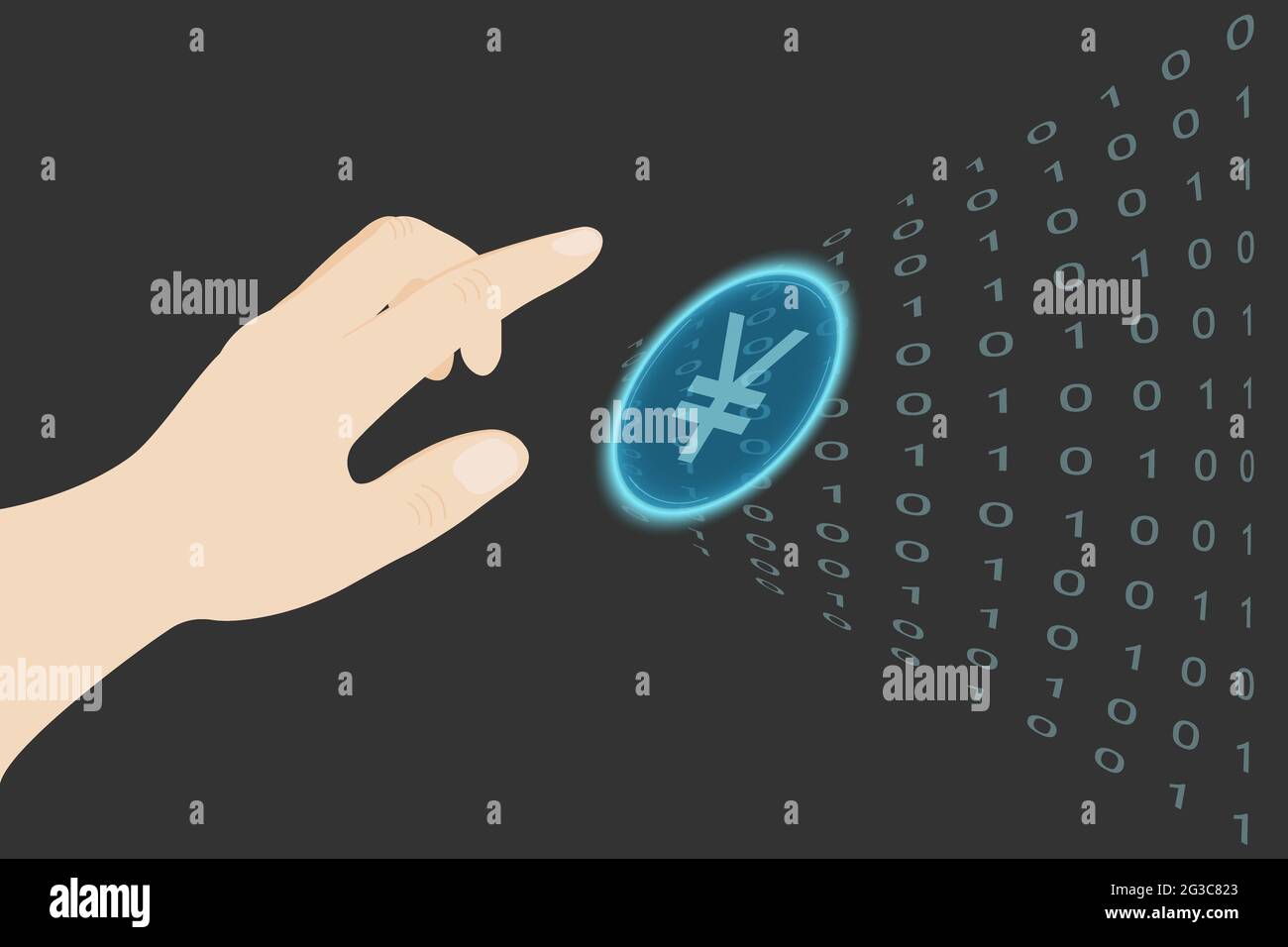 Una mano umana raggiunge per lo yuan cinese virtuale. Illustrazione con yuan cinese blu per qualsiasi disegno. Rete aziendale globale. Valuta digitale. Foto Stock