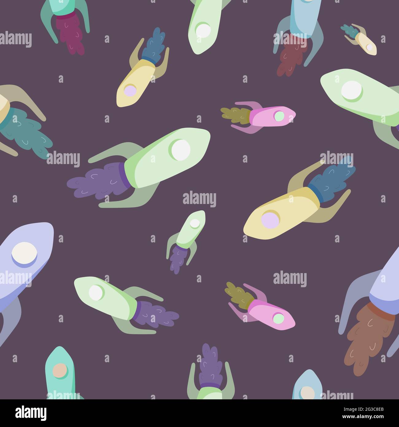 Motivo senza cuciture con razzi nello spazio. Illustrazione dell'abbigliamento per bambini. Illustrazione Vettoriale