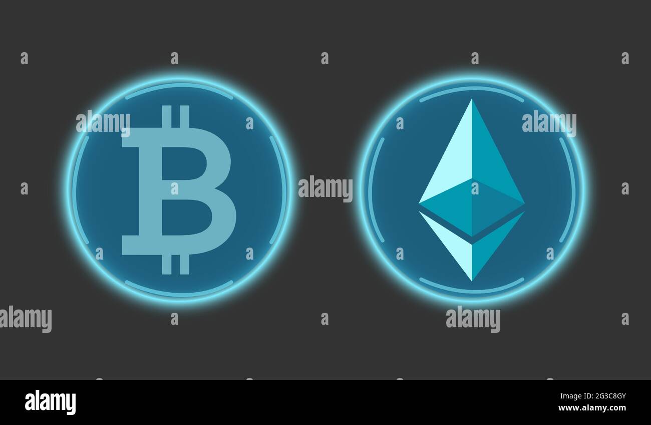 Etereo criptovaluta e bitcoin in blu su sfondo grigio. Simboli di valuta digitale. Rete aziendale globale, vettore. Denaro elettronico virtuale, Illustrazione Vettoriale