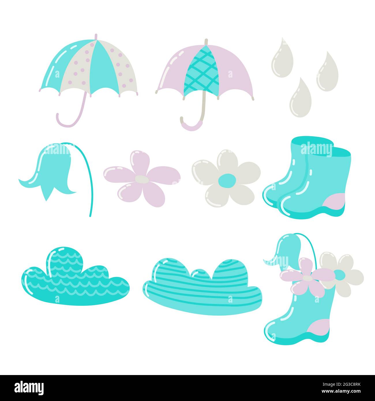 Set per bambini di ombrelli, stivali in gomma, fiori, gocce di pioggia, nuvole dipinte in colori pastello. Set per album fotografici, T-shirt e altro per bambini Illustrazione Vettoriale