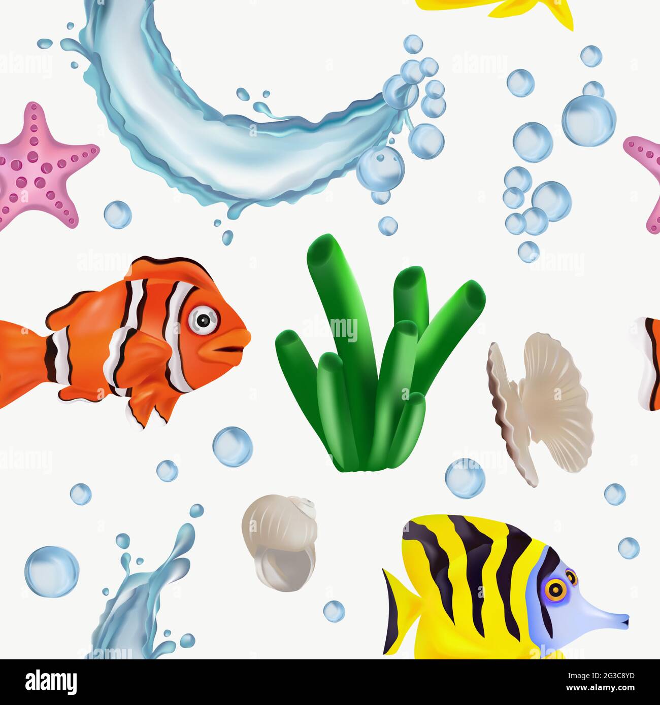 Modello senza cuciture con pesci tropicali, alghe, conchiglie, stelle marine, perle. Modello con mondo sottomarino per il tuo design. Illustrazione vettoriale. Illustrazione Vettoriale