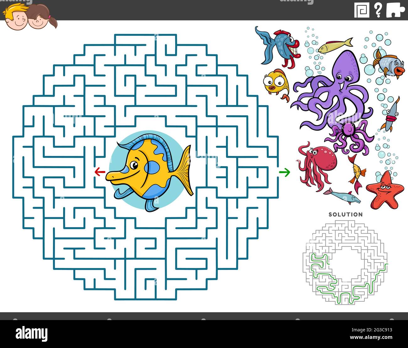 Illustrazione cartoon di gioco educativo labirinto puzzle per bambini con pesci divertenti e animali di mare personaggi Illustrazione Vettoriale