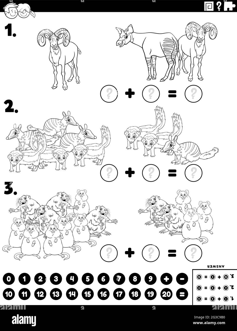 Cartoni animati bianco e nero illustrazione di istruzione matematico aggiunta puzzle compito con fumetti caratteri animali selvatici colorazione pagina del libro Illustrazione Vettoriale