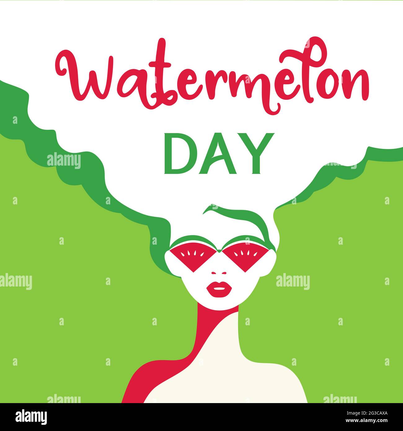 Poster del giorno dell'anguria. Elemento di design dei cartoni animati disegnati a mano. Bella giovane donna con cocomero rosso occhiali da sole retrò pop art stile. Illustrazione Vettoriale