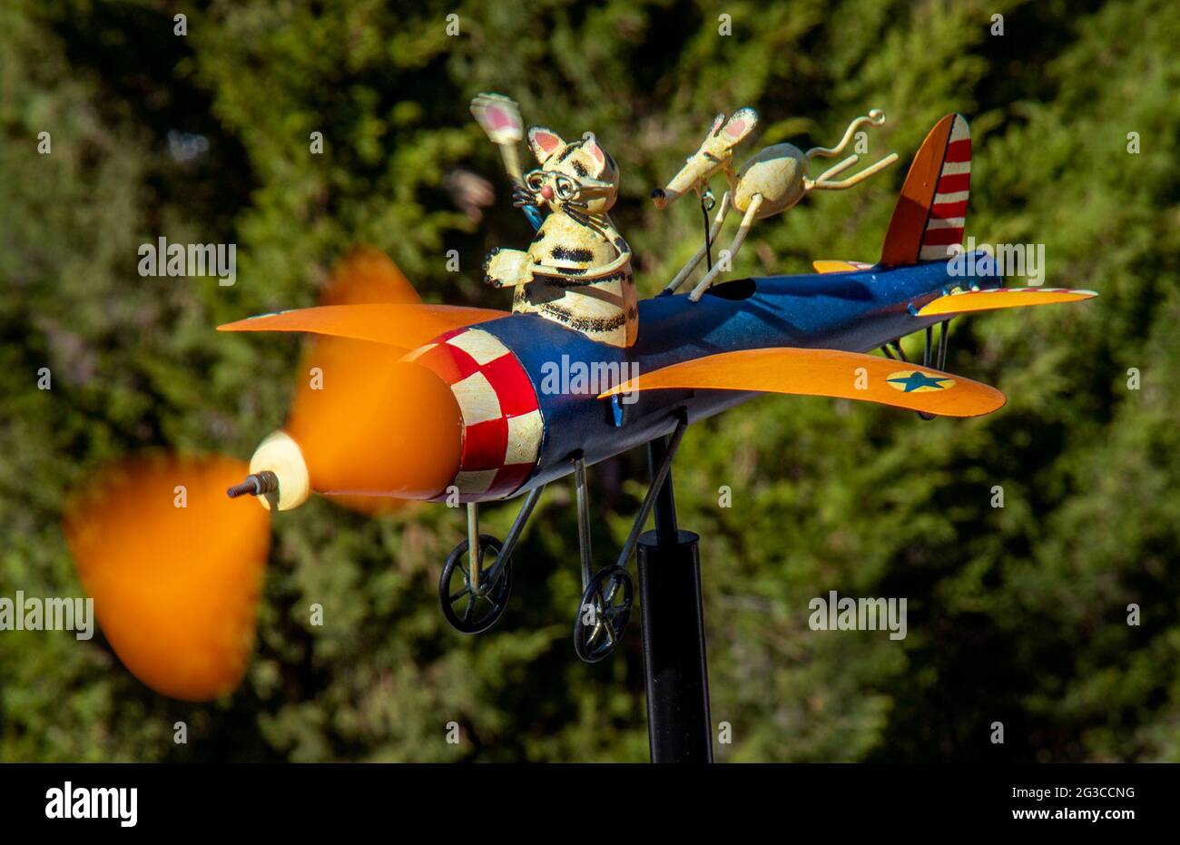 L'elica di un velivolo modello con un gatto pilota e mouse passeggero gira nella brezza in un giardino Laguna Beach, CA. Foto Stock