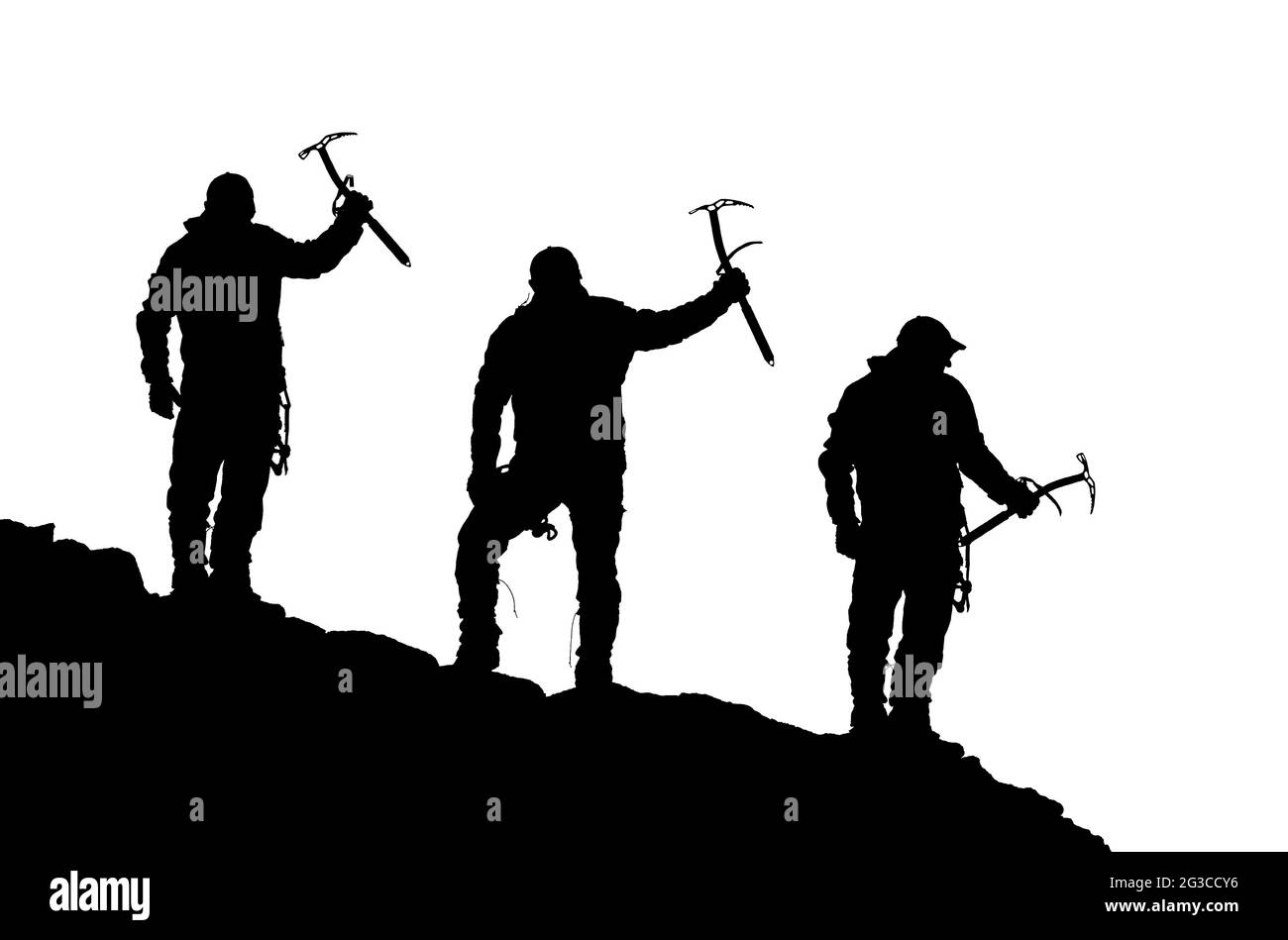 silhouette nera di tre scalatori con l'ascia ghiacciata in mano su sfondo bianco Foto Stock