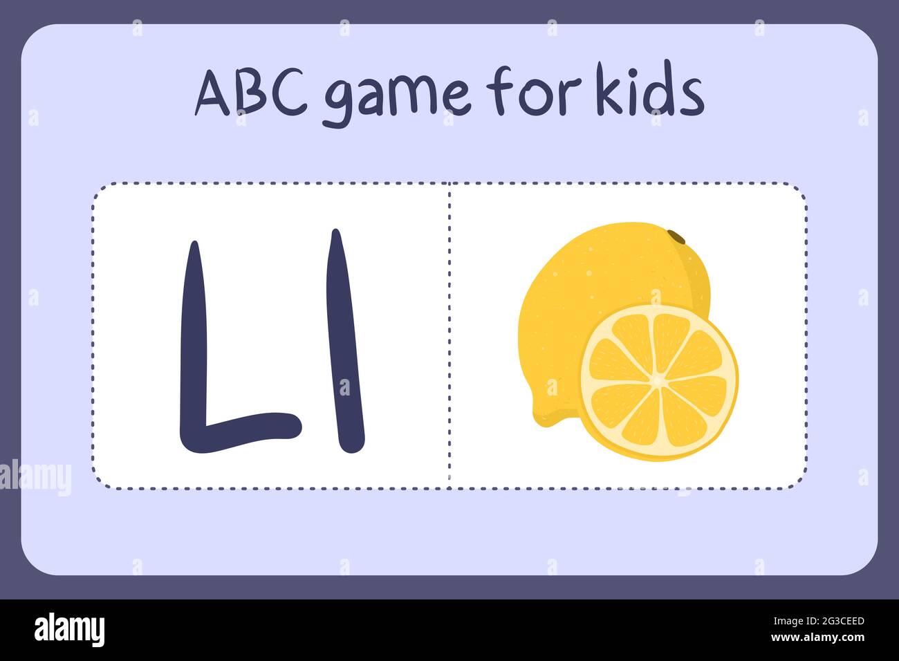 Minigiochi di alfabeto capretto in stile cartoon con lettera L - limone. Illustrazione vettoriale per la progettazione del gioco - taglio e gioco. Imparare abc con carte flash frutta e verdura. Illustrazione Vettoriale