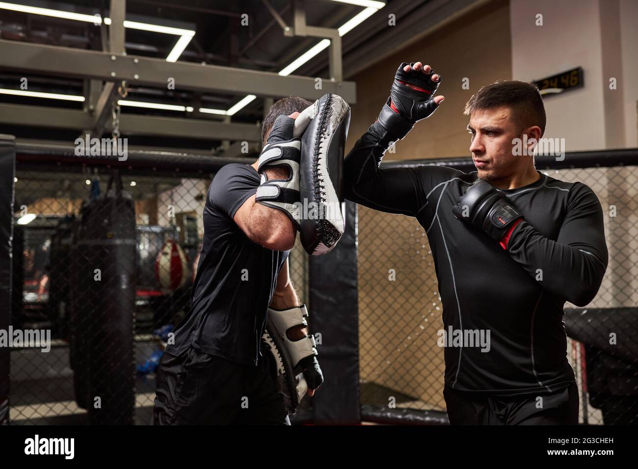 Il combattente mma professionale insegna trucchi di autodifesa, mostrandolo  al pugile giovane. Pratica le tecniche differenti insieme. sport, concetto  di workout. Laterale Foto stock - Alamy