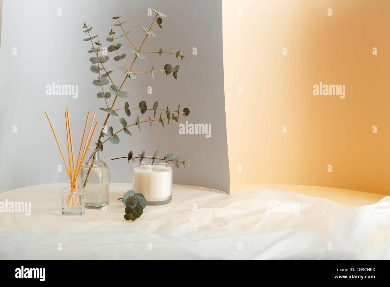 Bouquet di rami di eucalipto in vaso e bastoncini profumati per la casa, candela deodorante per ambienti. Casa elementi comfort interni e aromaterapia con copia Foto Stock