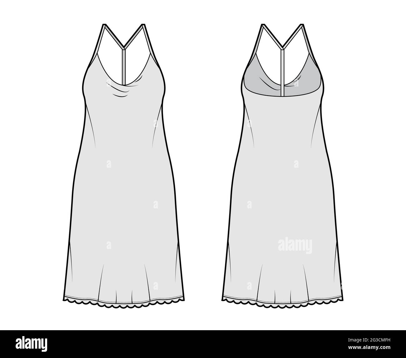 Abito slip illustrazione tecnica moda con corpo oversize, gonna a matita lunghezza ginocchio, rollerback. Abbigliamento piatto, anteriore, posteriore, grigio. Donne, uomini unisex CAD mockup Illustrazione Vettoriale