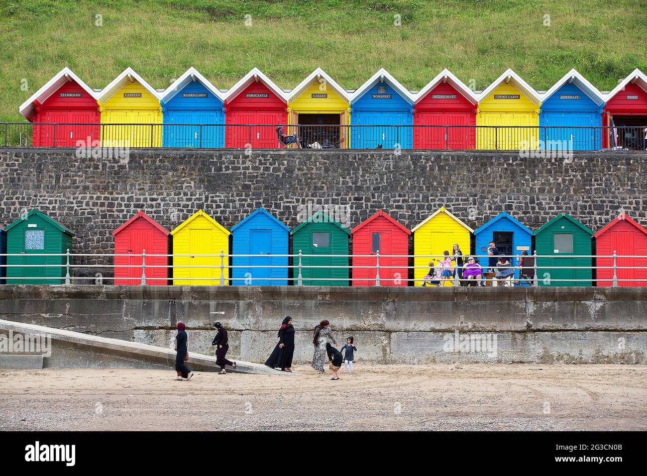 Una famiglia Godetevi le delizie del mare britannico di fronte a una fila di colorate capanne sulla spiaggia di Whitby nel Nord Yorkshire come più persone decidono o Foto Stock