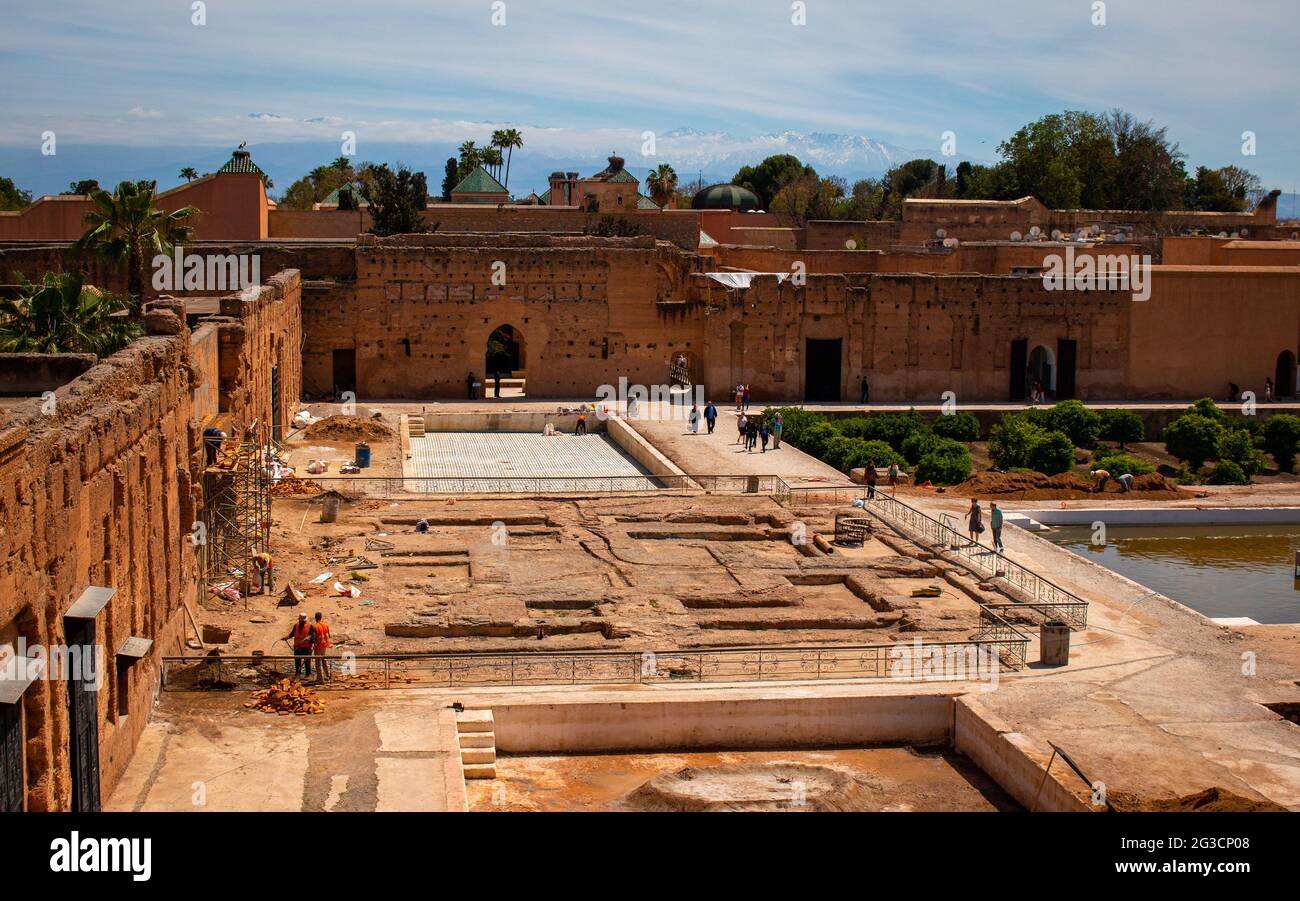 Lavori di costruzione o restauro presso il Palazzo El Badi, un palazzo in rovina a Marrakech, Marocco. 15 aprile 2016 Foto Stock