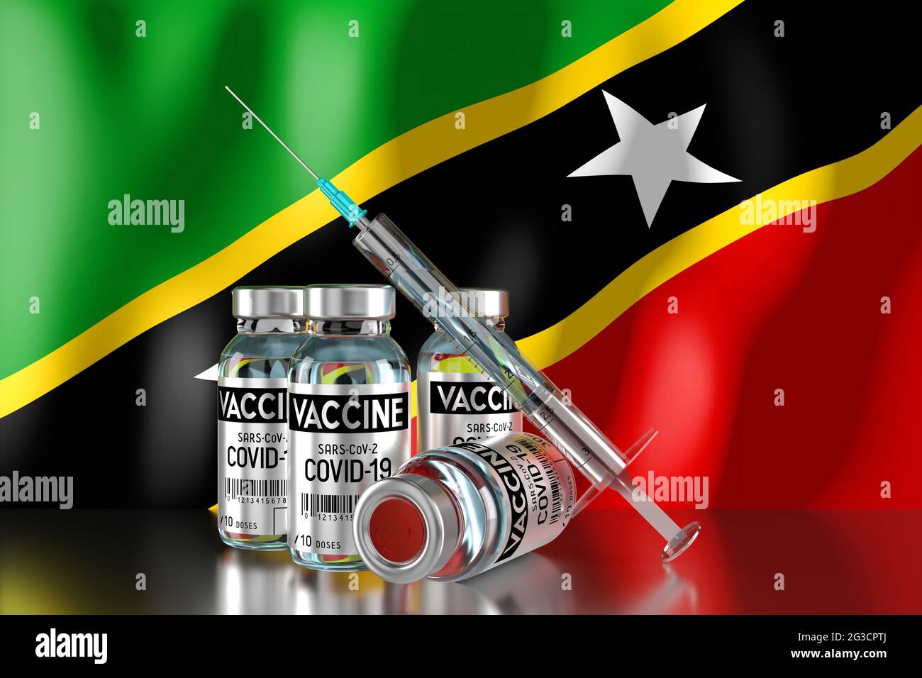 Covid-19, SARS-COV-2, programma di vaccinazione con coronavirus in Saint Kitts e Nevis, quattro flaconcini e siringa - illustrazione 3D Foto Stock