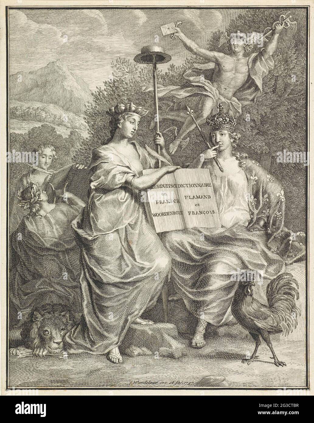 Persone dei Paesi Bassi e della Francia austriaci; pagina del titolo: Halma, François. Il Dizionario Groot Fransch e Nederduitsch (...) 1761. Nel mezzo si trova la personificazione dei Paesi Bassi austriaci con una corona da muro e un bastone liberty con cappello. Ha un libro gonfetto con il titolo abbreviato. Ai suoi piedi è un leone con un fascio di frecce. Lasciato dietro lei gioca una donna un arpa e scrive un'altra donna in un libro. Dall'altro lato del libro aperto è la personificazione della Francia con una corona, uno scettro e un gallo ai suoi piedi. Dietro di loro Mercurio vola con il suo caduceo, una busta e. Foto Stock