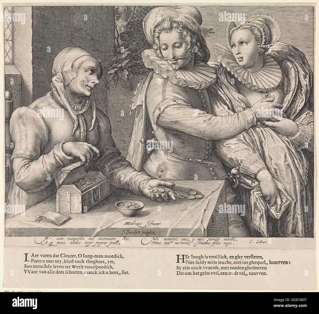 Giovane coppia e una vecchia donna con scatola di soldi (amore irregolare); giovani coppie sedotti da vecchi uomini e donne. Un giovane cerca di tenere una giovane donna lontano da una vecchia donna con una scatola di soldi, gettando le monete sul tavolo. La giovane donna indossa un cappuccio di prua sulla testa, un ampio colletto pieghettato e un abito con ruote a spalla. Sotto un testo latino a quattro righe e una poesia a otto righe in olandese. Foto Stock