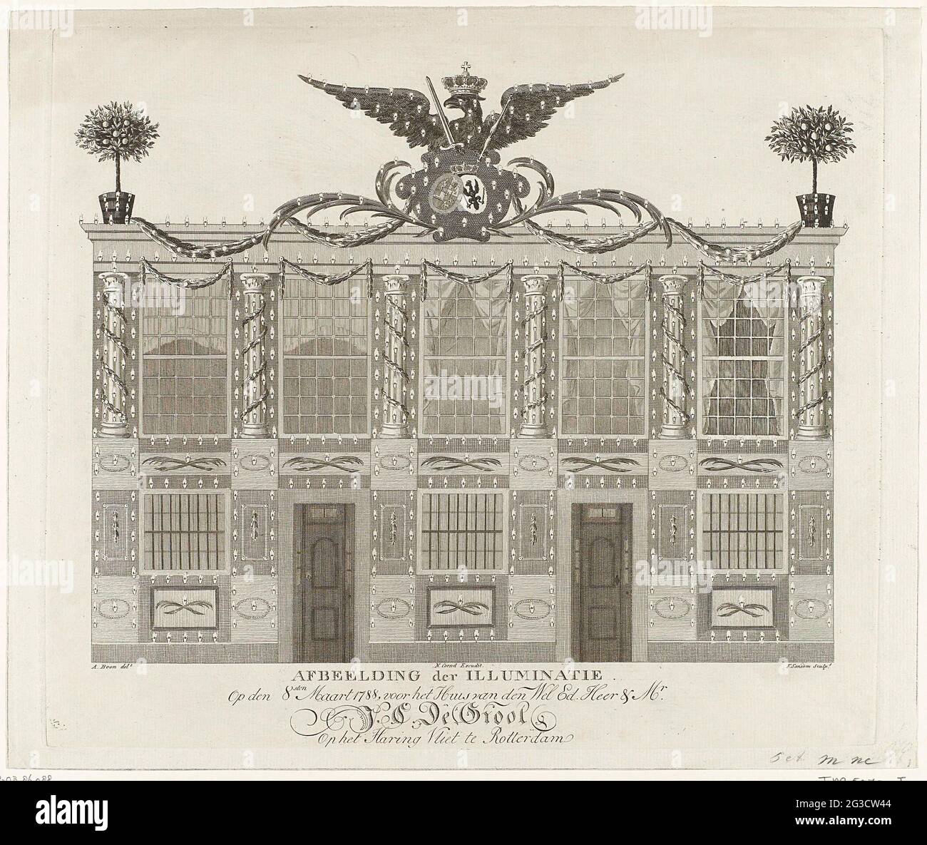 Illuminazione della casa di J.C. De Groot a Rotterdam, 1788; immagine dell'illuminazione dell'8 marzo 1788, per la casa del de. Heer & MR. J.C. De Groot su Haring Vliet a Rotterdam. Illuminazione della façade della casa di J.C. Il grande all'Haringvliet di Rotterdam, in occasione del 40° anniversario del Principe Willem V, l'8 marzo 1788. Foto Stock