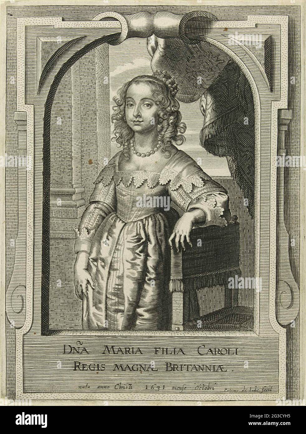 Ritratto di Maria Henrietta Stuart; Theatrum Pontificum, Imperatorum, Regum, Ducum (...). Ritratto di Maria Henrietta sotto un bar ornato. Il braccio sinistro si appoggia su una sedia. In una cornice il suo nome e la sua data di nascita. Foto Stock