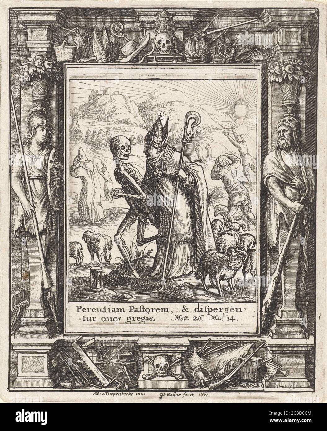 Il vescovo e la morte; danza. Un vescovo fa funzionare un inzottato con morte sopra un prato con le pecore. Undicesima stampa da una serie di espressioni di danza della morte; con una cornice con Minerva ed Ercole. Foto Stock