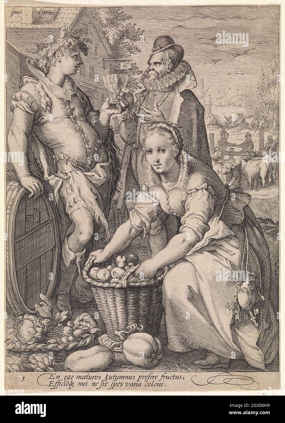 Autunno; raccolta di frutta e produzione di vino; quattro stagioni. Lasciate le mani su un uomo vestito da Bacco un bicchiere di vino ad un altro uomo. Sta per botti di vino. Un coltivatore con un cesto pieno di mele è tra loro. Prima del cesto ci sono zucche, cipolle, carciofi e un cavolfiore. In lontananza un mercato del bestiame per una locanda. Sotto lo spettacolo un testo in latino a due persone con una spiegazione della scena. Foto Stock