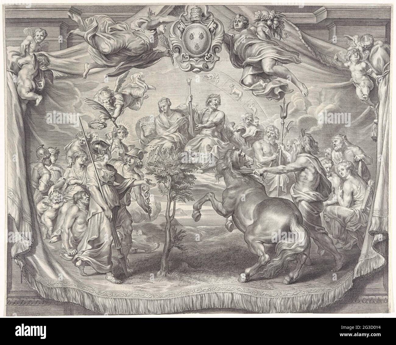 Foto promozionale di Charles de la Vieuville (1636), parte superiore. Un incontro degli dei è stato proposto su un tappeto. Minerva e Nettuno contestano reciprocamente il possesso di Attica. Gli dei promettono il paese alla persona che può dare ai residenti il dono più utile. Nettuno crea il cavallo con il suo tridente. Minerva sorge sulla terra dove lascia un olivo. Gli altri dèi guardano. Nell'aria pace e abbondanza, che portano lo stemma di Papa Urbano VIII Foto Stock