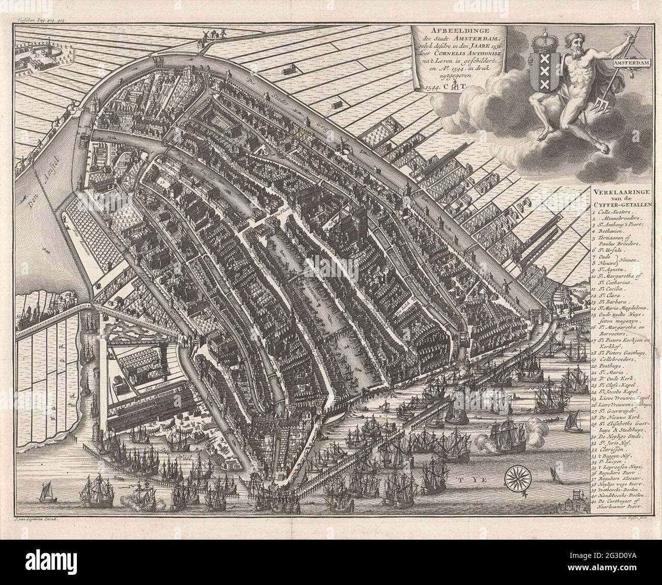 Mappa di Amsterdam in Vogelvlucht, anno 1544; immagine della Città di Amsterdam (...). Mappa di Amsterdam a Vogelvlucht (orientamento Zuidzuidwest sopra) dall'anno 1544 con molte navi. In alto a destra, Nettuno è su una nuvola con il suo braccio intorno alle braccia di Amsterdam. Foto Stock Mappa di Amsterdam in Vogelvlucht, anno 1544; immagine della Città di Amsterdam (...). Mappa di Amsterdam a Vogelvlucht (orientamento Zuidzuidwest sopra) dall'anno 1544 con molte navi. In alto a destra, Nettuno è su una nuvola con il suo braccio intorno alle braccia di Amsterdam. Foto Stock