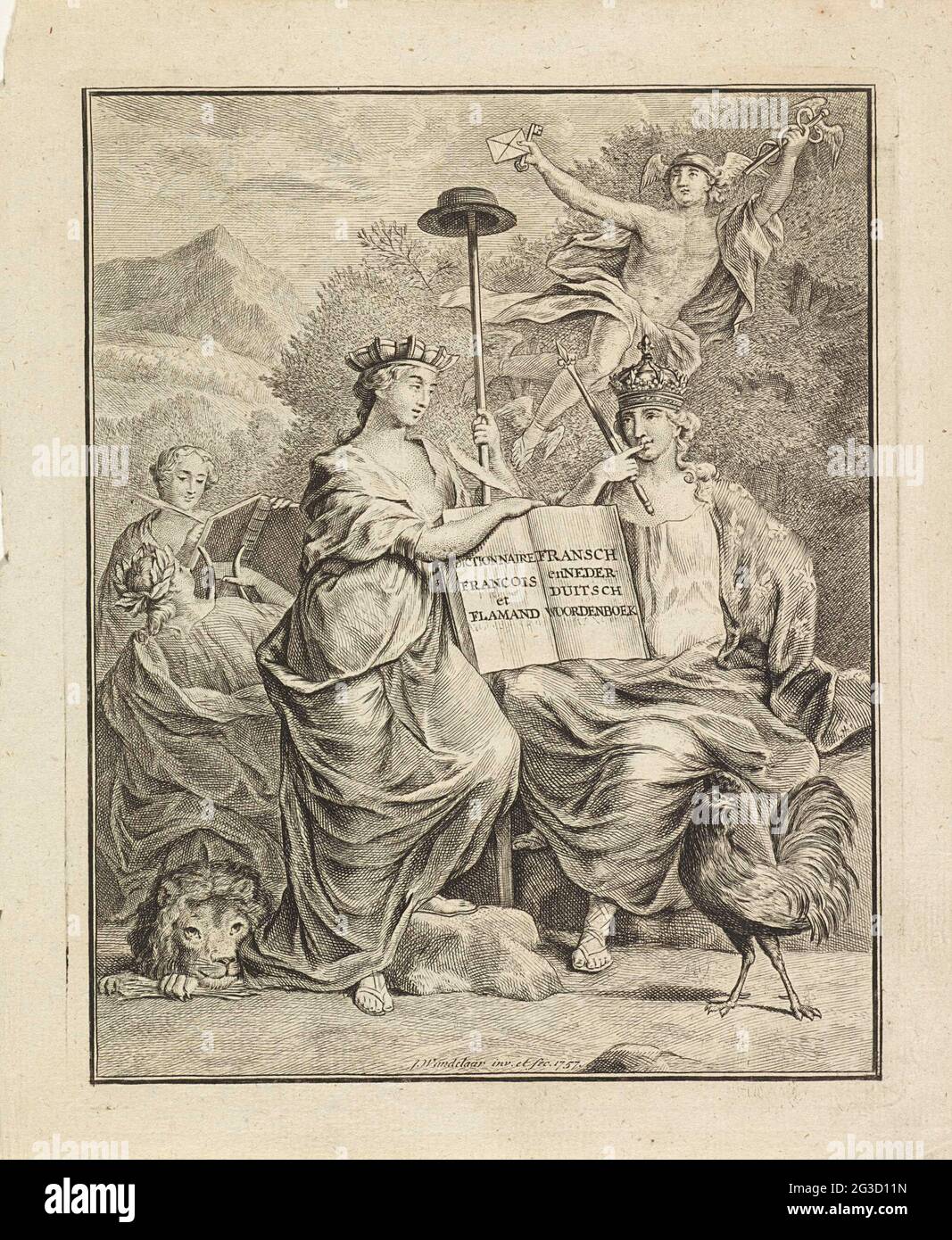 Persone dei Paesi Bassi e della Francia austriaci; pagina del titolo: Halma, François. Il Dizionario Groot Fransch e Nederduitsch (...) 1761. Nel mezzo si trova la personificazione dei Paesi Bassi austriaci con una corona da muro e un bastone liberty con cappello. Ha un libro gonfetto con il titolo abbreviato. Ai suoi piedi è un leone con un fascio di frecce. Lasciato dietro lei gioca una donna un arpa e scrive un'altra donna in un libro. Dall'altro lato del libro aperto è la personificazione della Francia con una corona, uno scettro e un gallo ai suoi piedi. Dietro di loro Mercurio vola con il suo caduceo, una busta e. Foto Stock