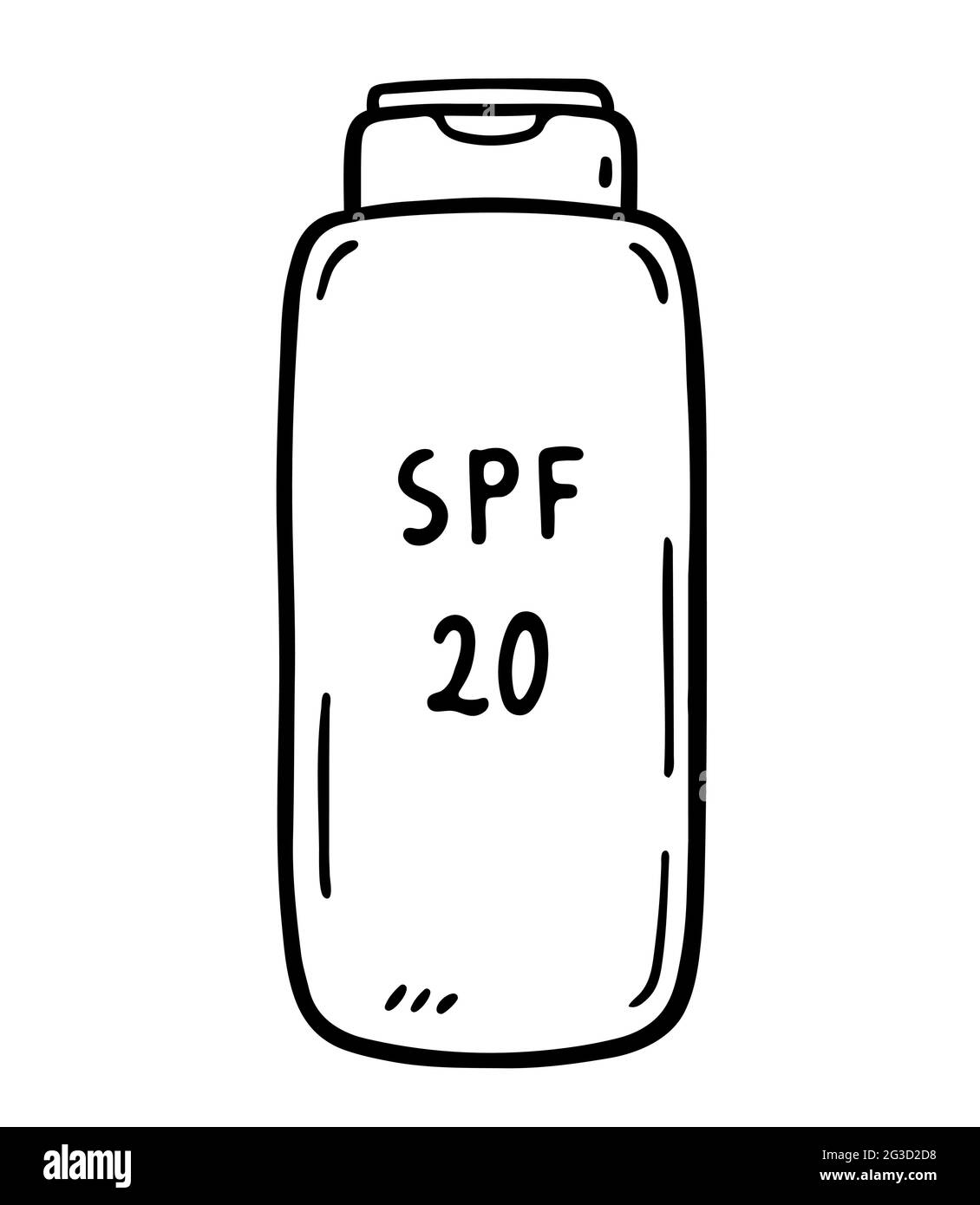 Tubo di protezione solare isolato su sfondo bianco. Lozione 20 SPF per la protezione dalla luce ultravioletta. Illustrazione vettoriale disegnata a mano in stile doodle. Illustrazione Vettoriale