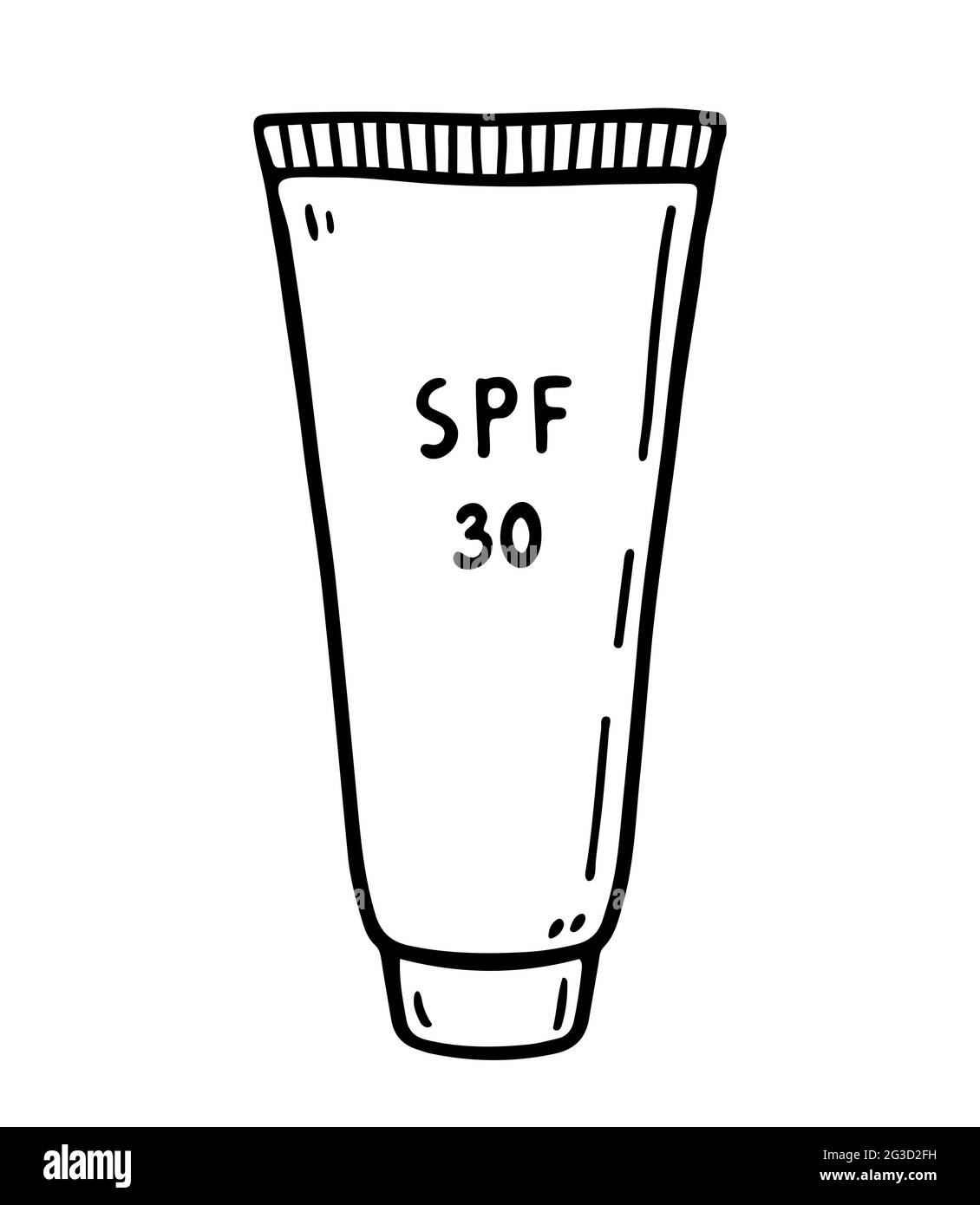 Tubo di protezione solare isolato su sfondo bianco. Lozione 30 SPF per la protezione dalla luce ultravioletta. Illustrazione vettoriale disegnata a mano in stile doodle. Illustrazione Vettoriale