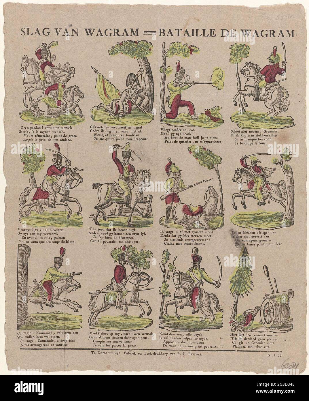 Battaglia di Wagram / Bataille de Wagram. Foglio con dodici rappresentazioni di soldati combattenti durante la battaglia di Wagram tra truppe francesi e austriache il 5-6 luglio 1809. Sotto ogni immagine due versetti tweregirl in olandese e francese. Numerato in basso a destra: N. 35. Foto Stock