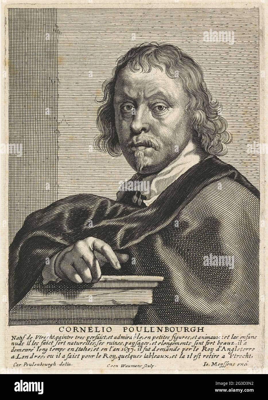 Ritratto del pittore Cornelis van Poelenburch. Ritratto del pittore Cornelis van Poelenburch. Nel margine il nome della persona raffigurata e una didascalia di quattro righe con dati biografici in francese. Foto Stock