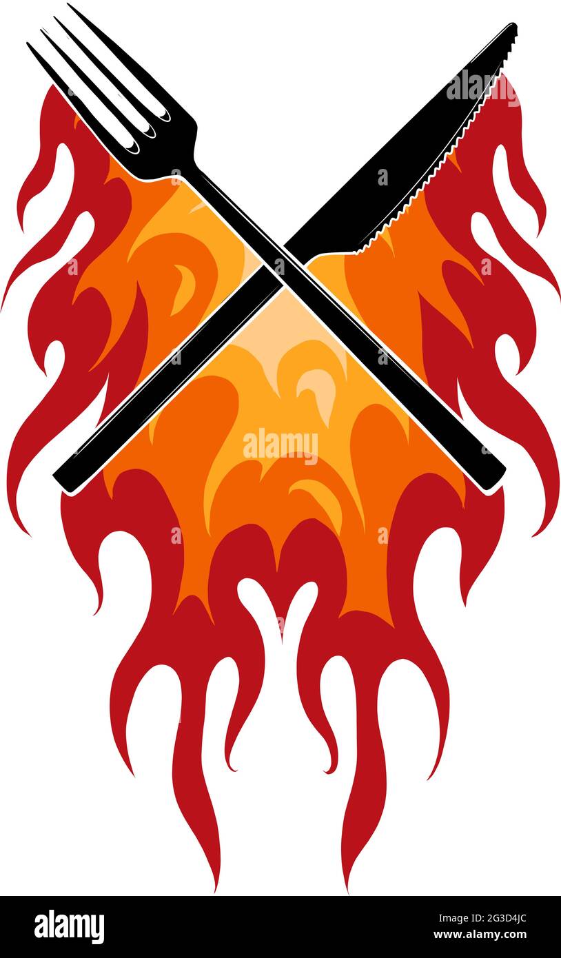 Illustrazione vettoriale Fork Knife Ristorante con fiamme Illustrazione Vettoriale